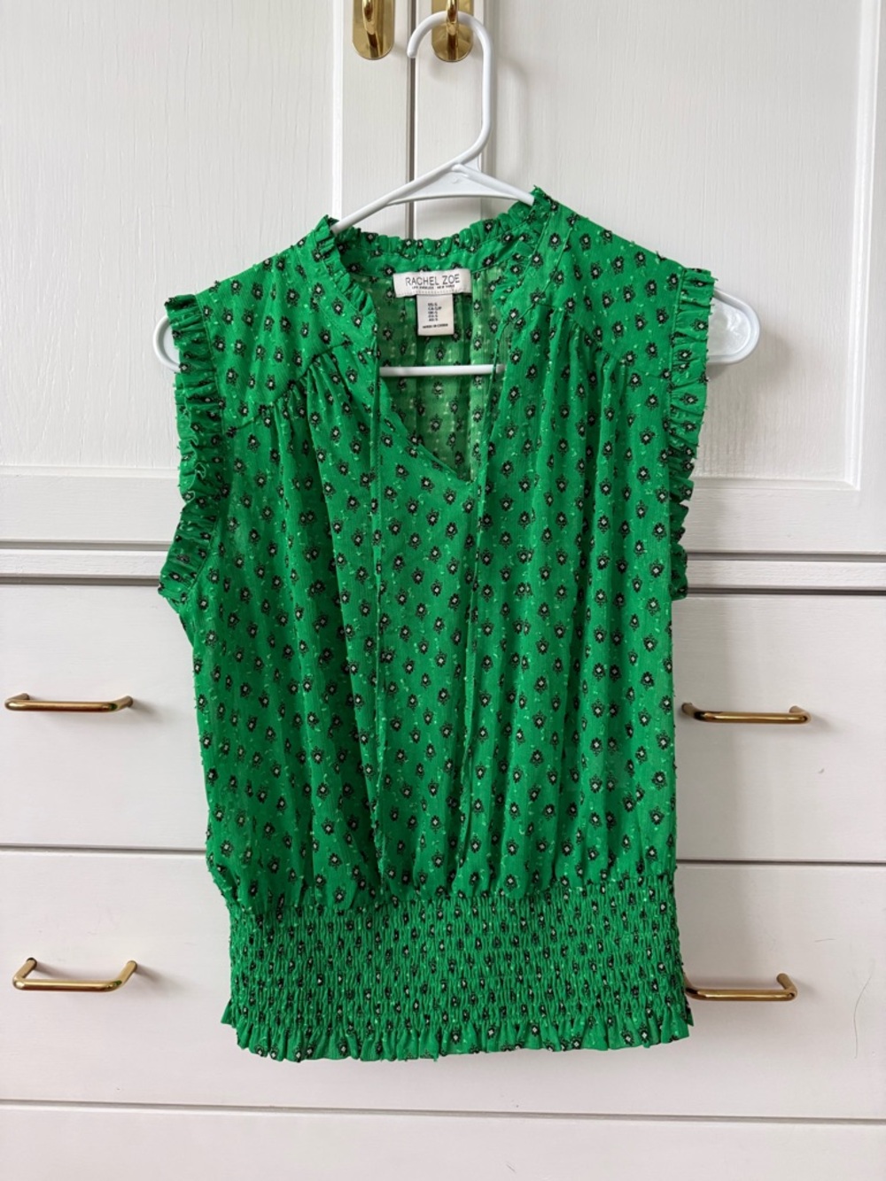 Rachel Zoe Emerald Green Printed Sleeveless Smocked-Hem Top